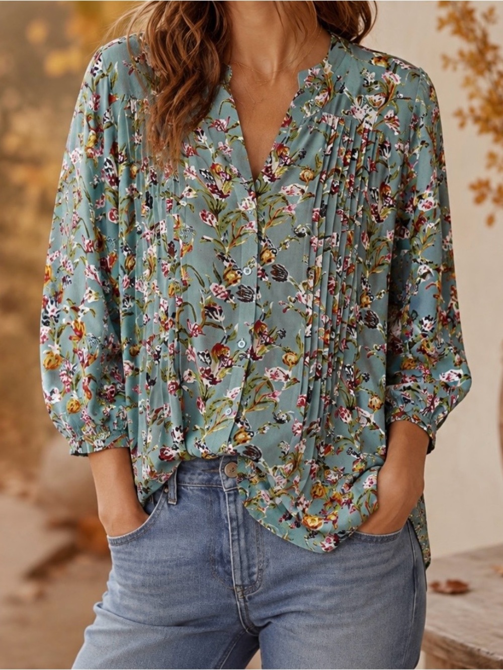 Serengeti Green Floral Cottagecore Button-down Top Size 2X